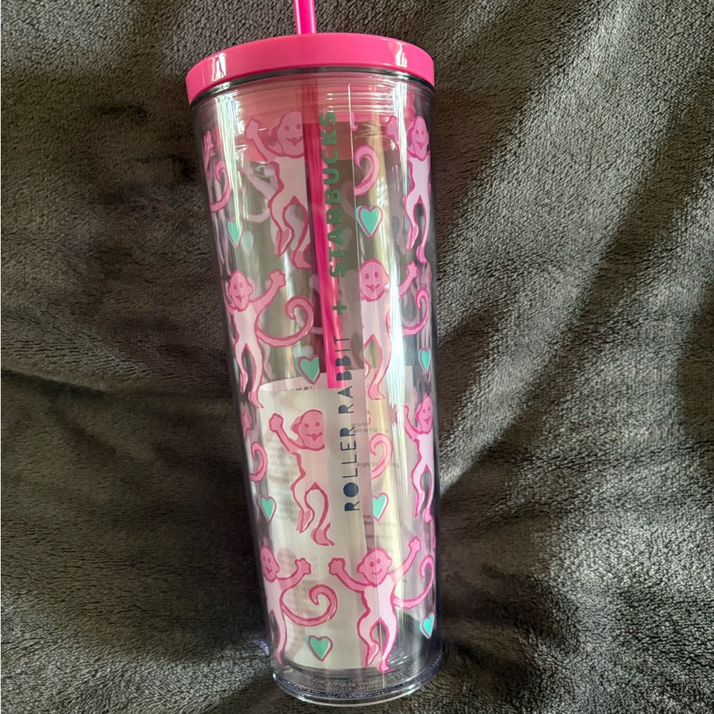 Roller Rabbit Starbucks Pink Monkey Pattern Tumbler